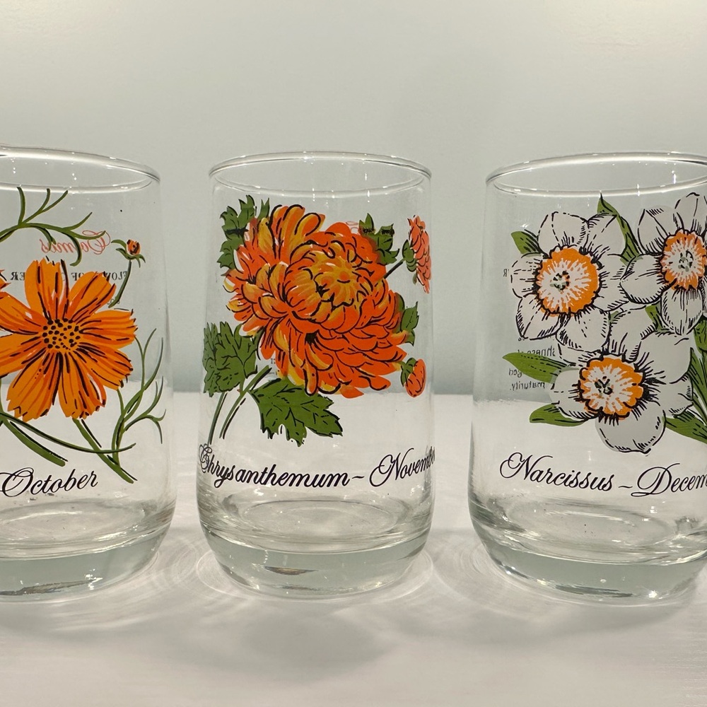 Vintage Brockway Flower Of The Month Glasses - October, November & December